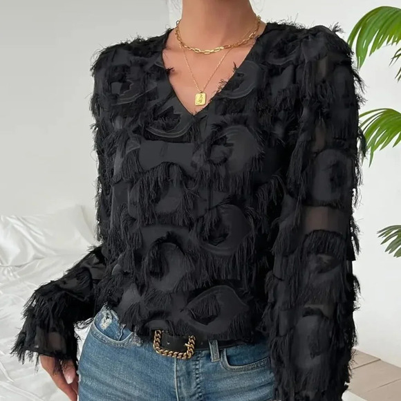 Elegant Tassel-Trim V-Neck Blouse - Picture 3 of 3